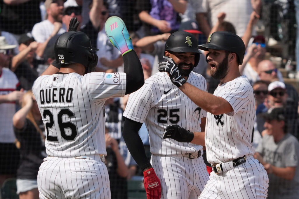 May 17, 2026; Chicago, Illinois, USA; Chicago White Sox center fielder Tristan Peters (29) is greeted by right fielder Derek Hill (25) and catcher Edgar Quero (26) after hitting a three-run home run against the Chicago Cubs during the eighth inning at Rate Field.
