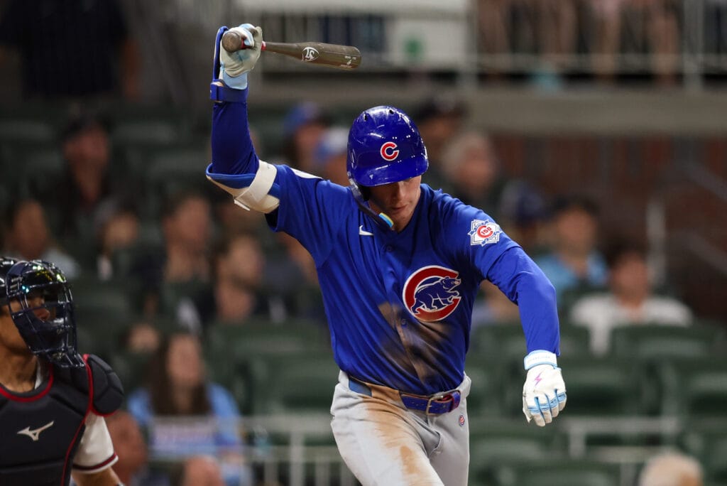 May 14, 2026; Atlanta, Georgia, USA; Chicago Cubs center fielder Pete Crow-Armstrong (4) reacts after a fly out against the Atlanta Braves in the ninth inning at Truist Park.