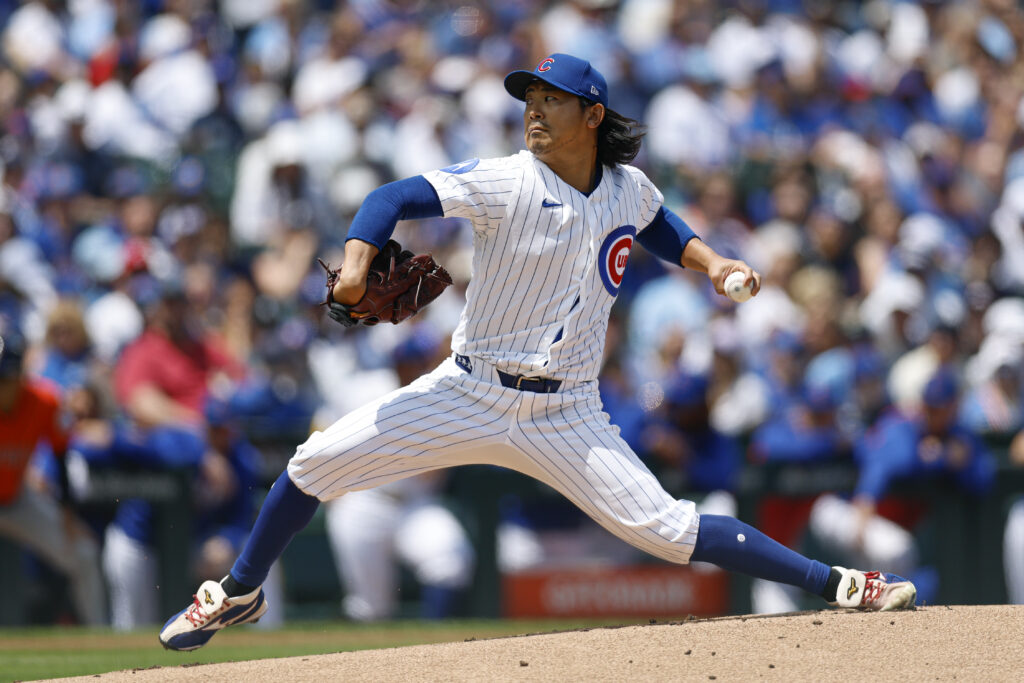 May 24, 2026; Chicago, Illinois, USA; Chicago Cubs starting pitcher Shota Imanaga (18) delivers a pitch against the Houston Astros during the first inning at Wrigley Field.