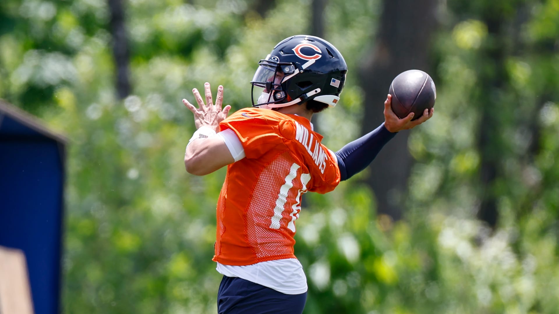 May 31, 2024; Lake Forest, IL, USA; Chicago Bears quarterback Caleb Williams (18) throws the ball during organized team activities at Halas Hall. Mandatory Credit: Kamil Krzaczynski-Imagn Images