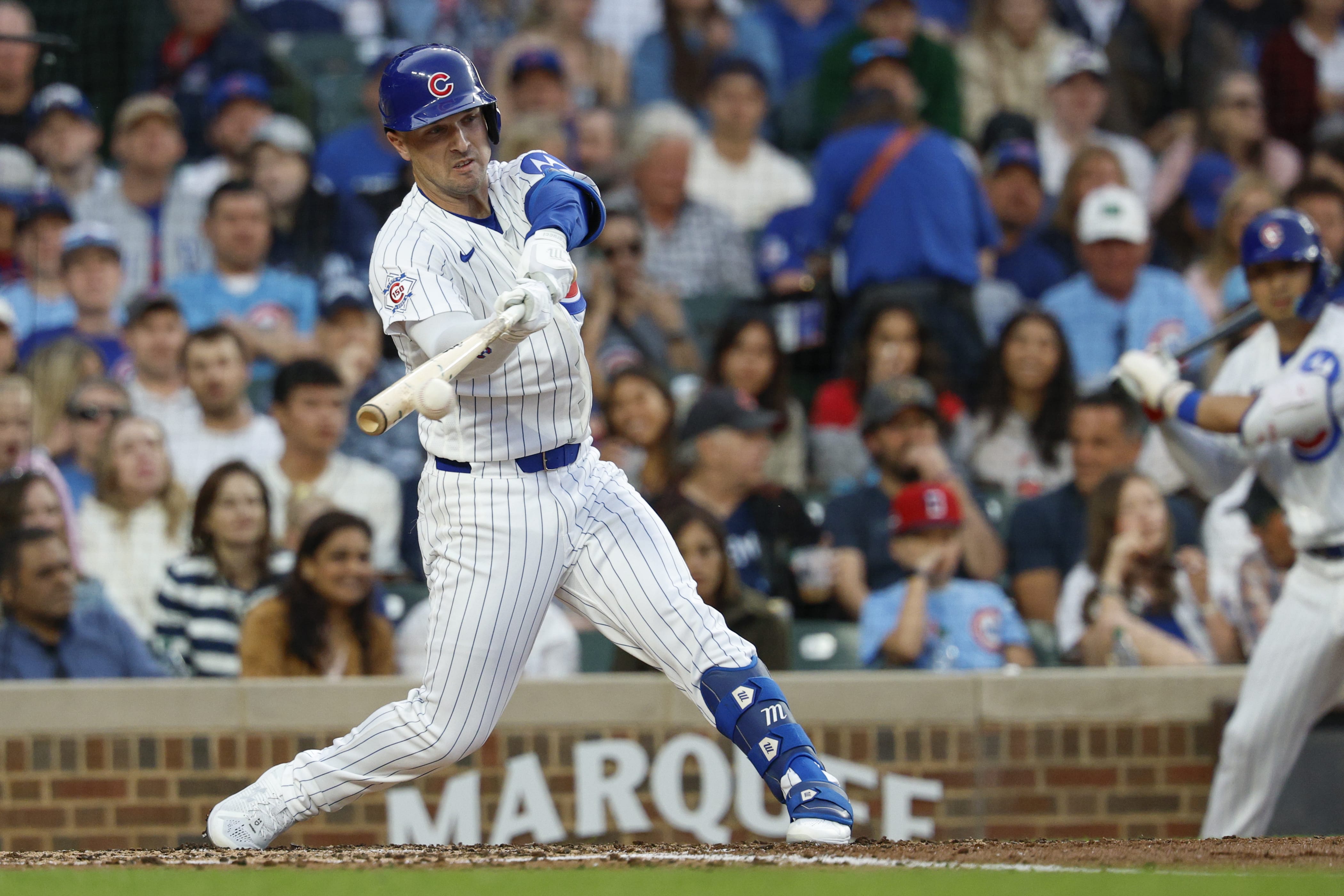 Jun 3, 2026; Chicago, Illinois, USA; Chicago Cubs designated hitter Alex Bregman (3) singles against the Athletics during the third inning at Wrigley Field.