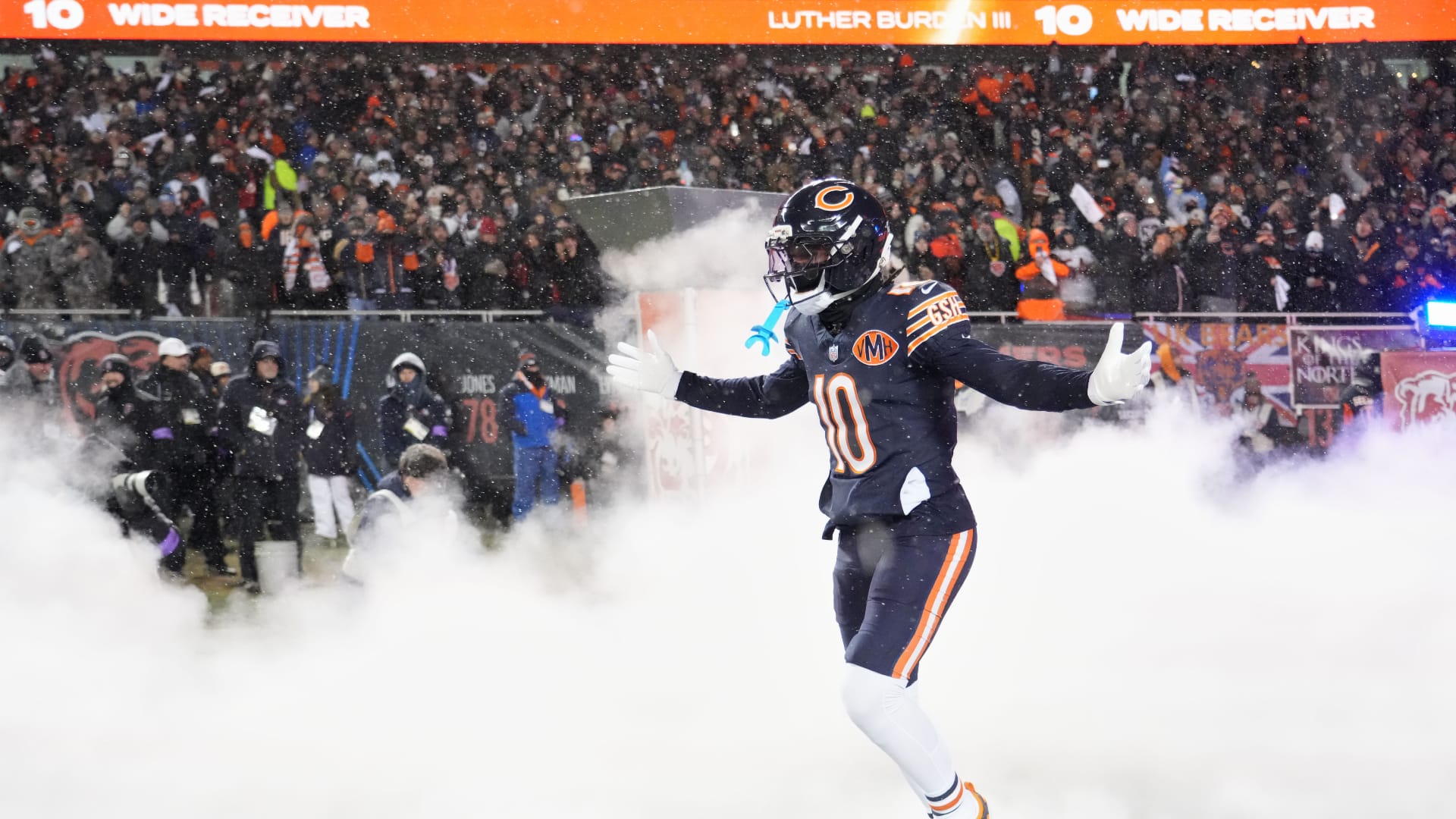 Jan 18, 2026; Chicago, IL, USA; Chicago Bears wide receiver Luther Burden III (10) runs onto the field during player introductions before an NFC Divisional Round game against the Los Angeles Rams at Soldier Field. Mandatory Credit: David Banks-Imagn Images