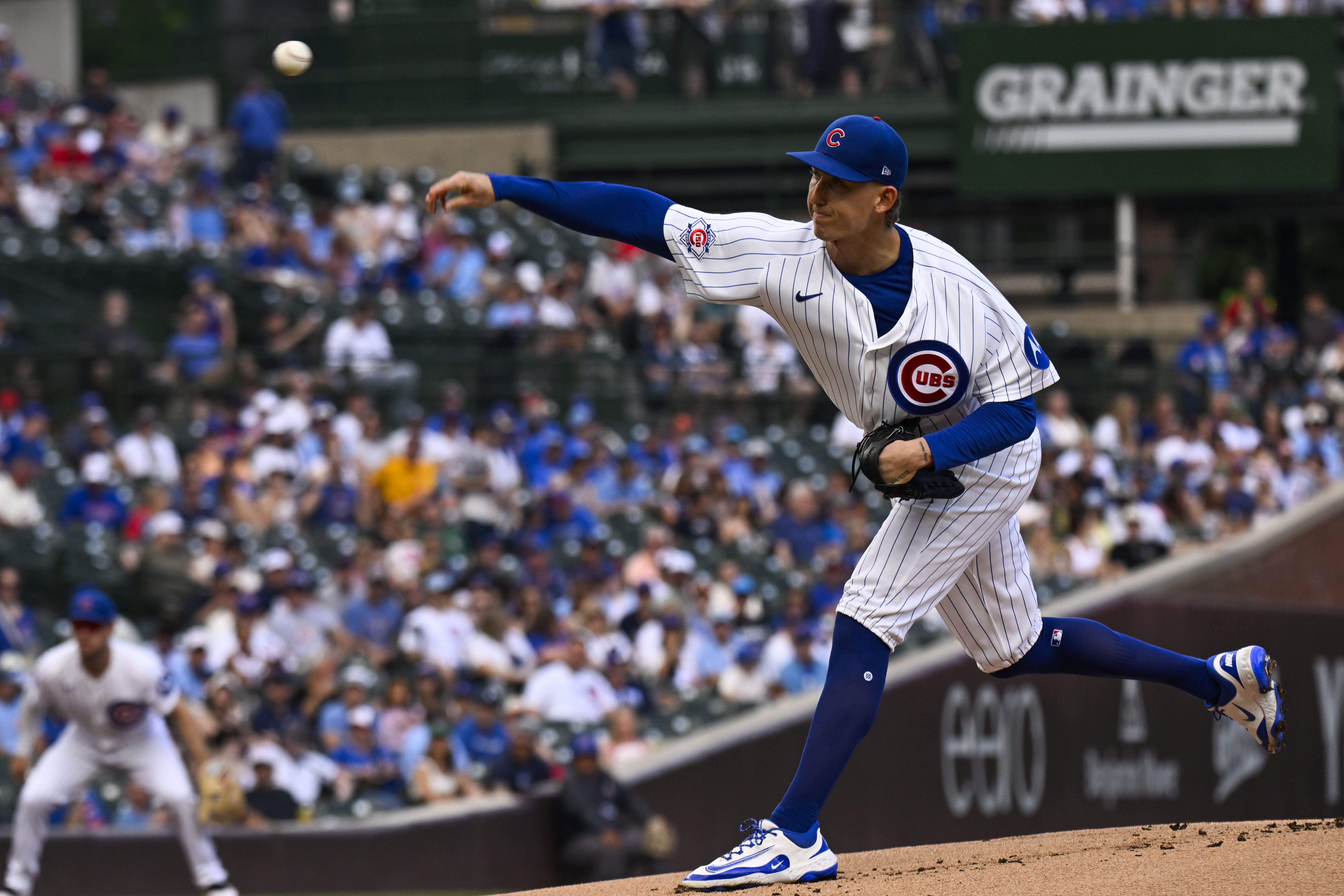 Jun 6, 2026; Chicago, Illinois, USA; Chicago Cubs pitcher Ben Brown (32) delivers the ball during the first inning against the San Francisco Giants at Wrigley Field.