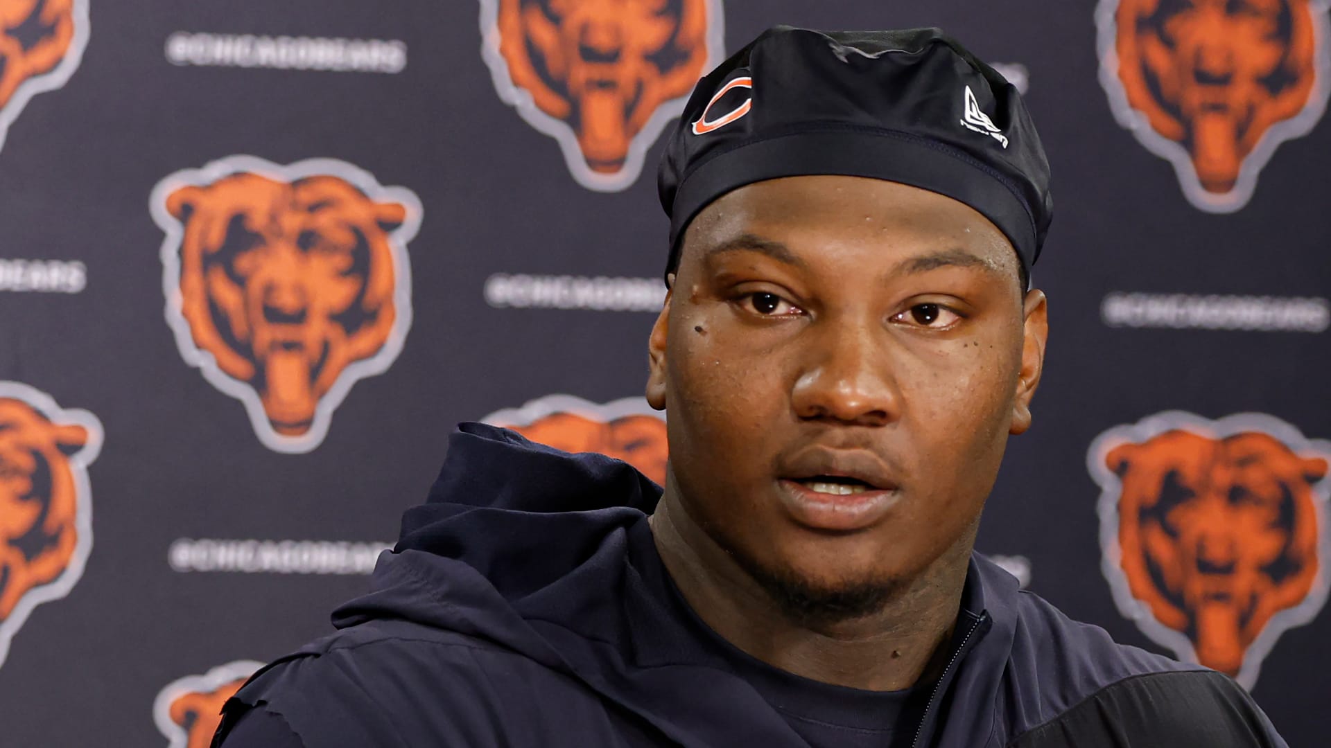 Jun 9, 2026; Lake Forest, IL, USA; Chicago Bears defensive lineman Gervon Dexter Sr. speaks during Minicamp at Halas Hall. Mandatory Credit: Kamil Krzaczynski-Imagn Images