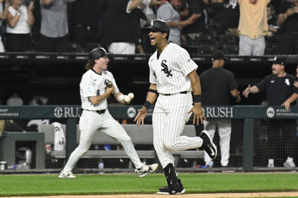 Jun 9, 2026; Chicago, Illinois, USA; Chicago White Sox right fielder Braden Montgomery (24) yells as he approaches home plate after his walk off two run home run during the tenth inning against the Atlanta Braves at Rate Field.