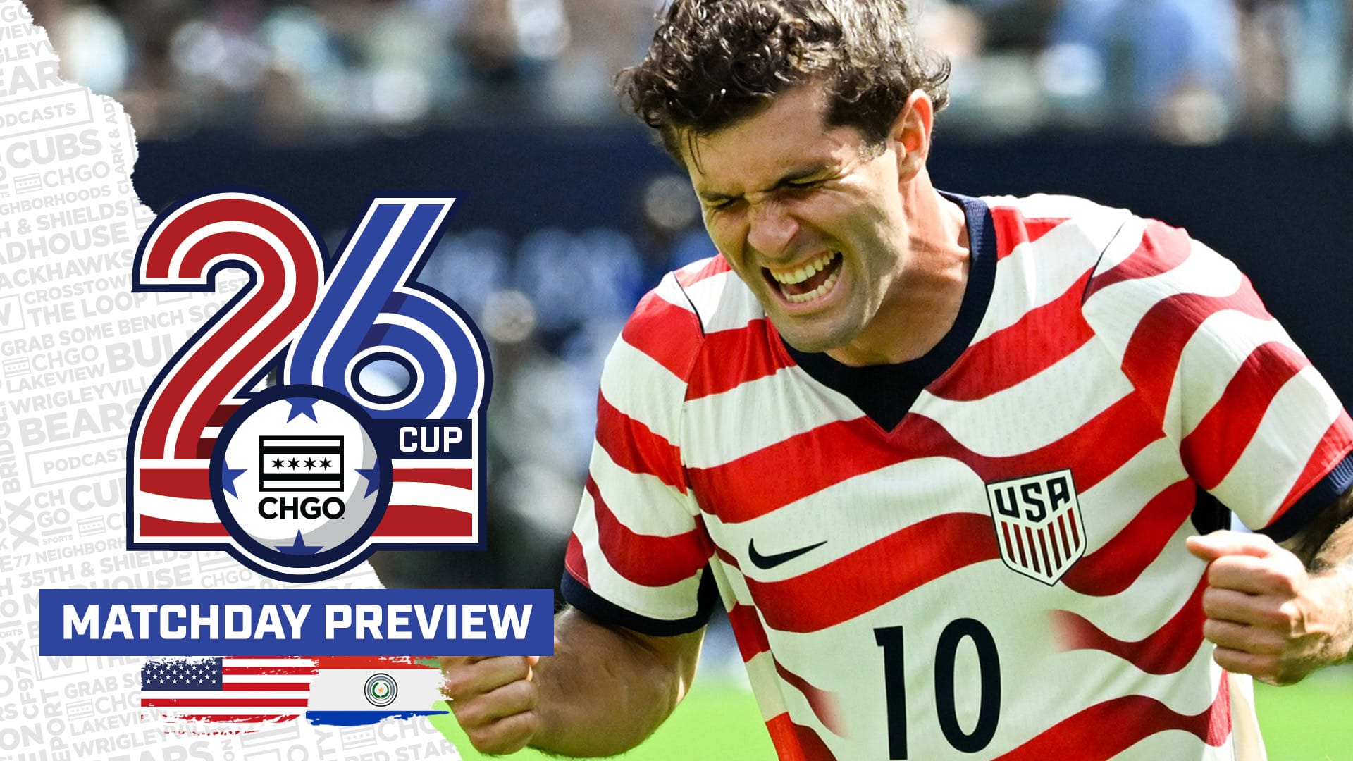 Christian Pulisic, in the United States' red and white striped home kit, celebrates his goal against Senegal.