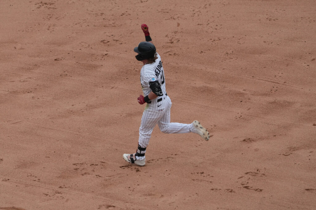 Jun 14, 2026; Chicago, Illinois, USA; Chicago White Sox second baseman Chase Meidroth (10) runs the bases after hitting a two-run home run against the Los Angeles Dodgers during the sixth inning at Rate Field.