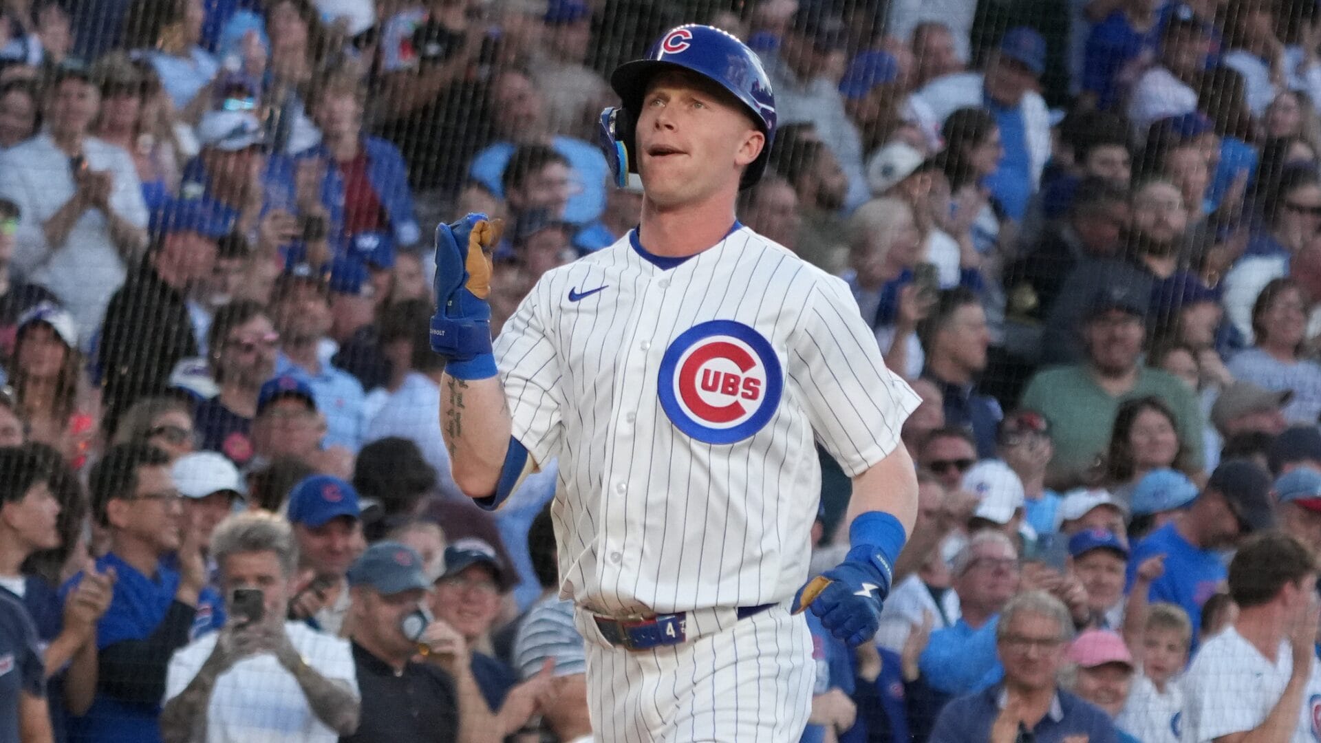 Pete Crow-Armstrong (4) runs and gestures after hitting a home run against the Colorado Rockies during the first inning at Wrigley Field. Mandatory Credit: David Banks-Imagn Images