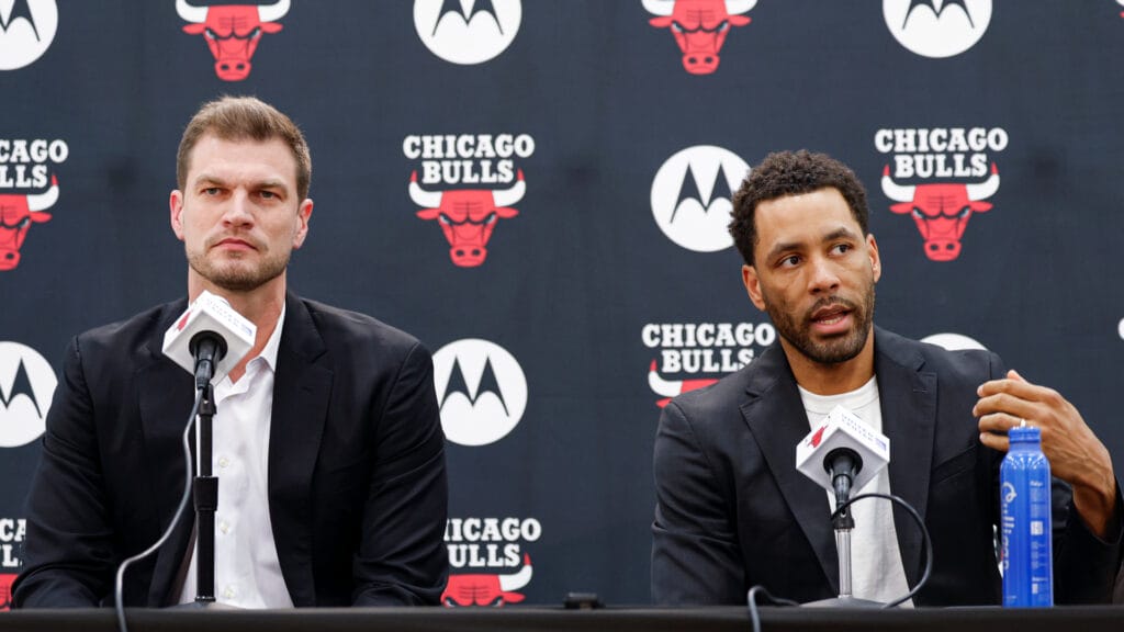 Chicago Bulls Executive Vice President of Basketball Operations Bryson Graham (R) introduces Chicago Bulls new head coach Tiago Splitter (L) during a press conference at Advocate Center. Mandatory Credit: Kamil Krzaczynski-Imagn Images