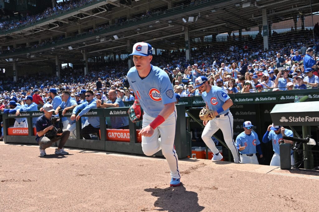 Jun 19, 2026; Chicago, Illinois, USA; Chicago Cubs center fielder Pete Crow-Armstrong (4) and his team take the field prior to a game against the Toronto Blue Jays at Wrigley Field.