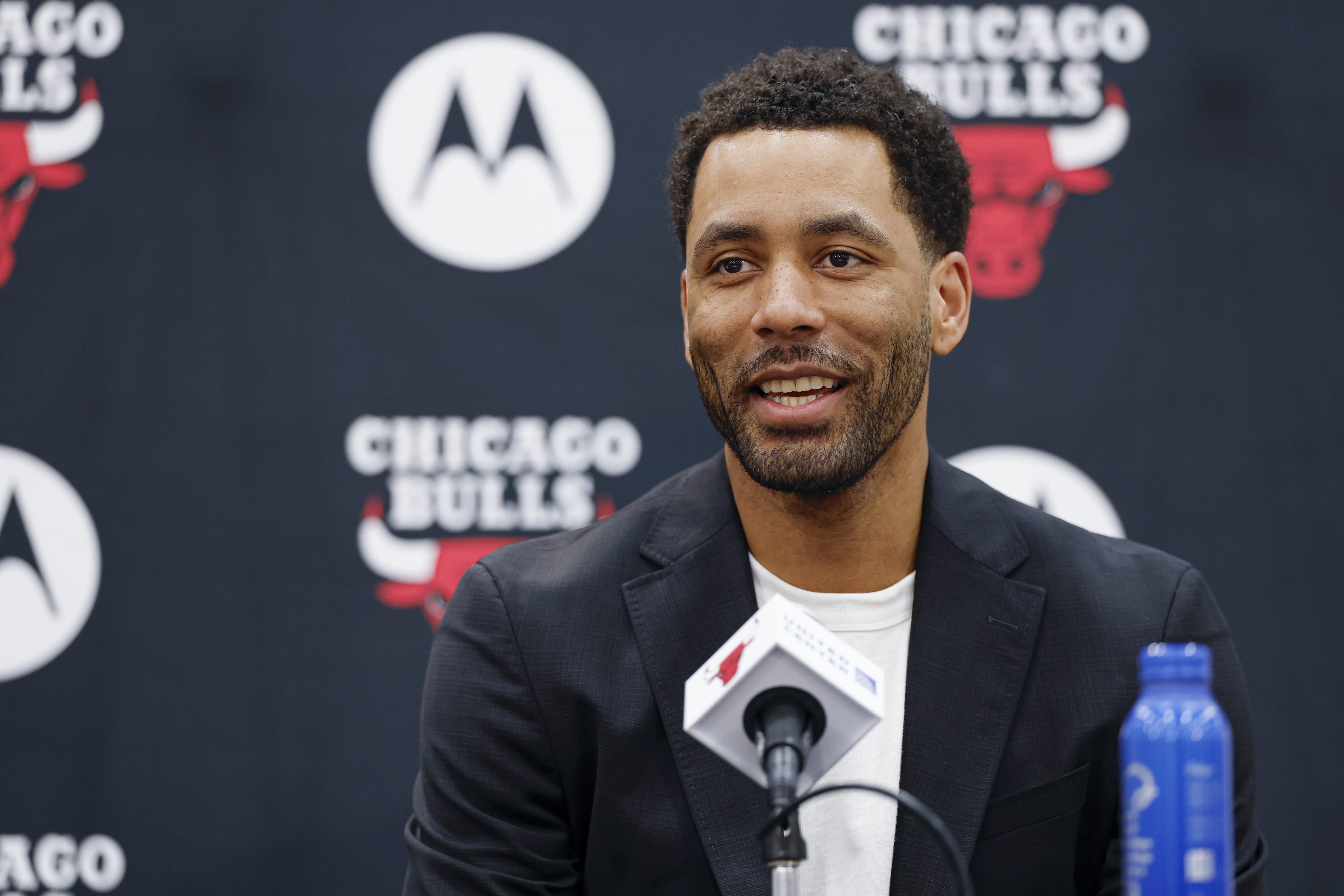 Jun 17, 2026; Chicago, Il, USA; Chicago Bulls Executive Vice President of Basketball Operations Bryson Graham introduces Chicago Bulls new head coach Tiago Splitter during a press conference at Advocate Center.