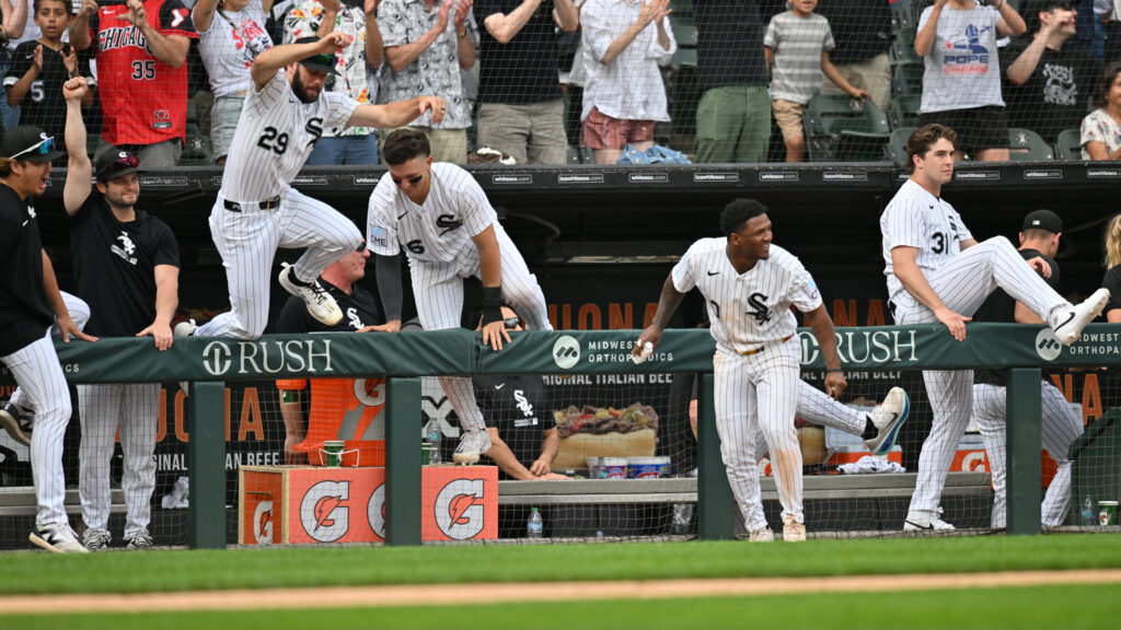 Jun 27, 2026; Chicago, Illinois, USA; The Chicago White Sox celebrate after defeating the Kansas City Royals via walk-off at Rate Field.
