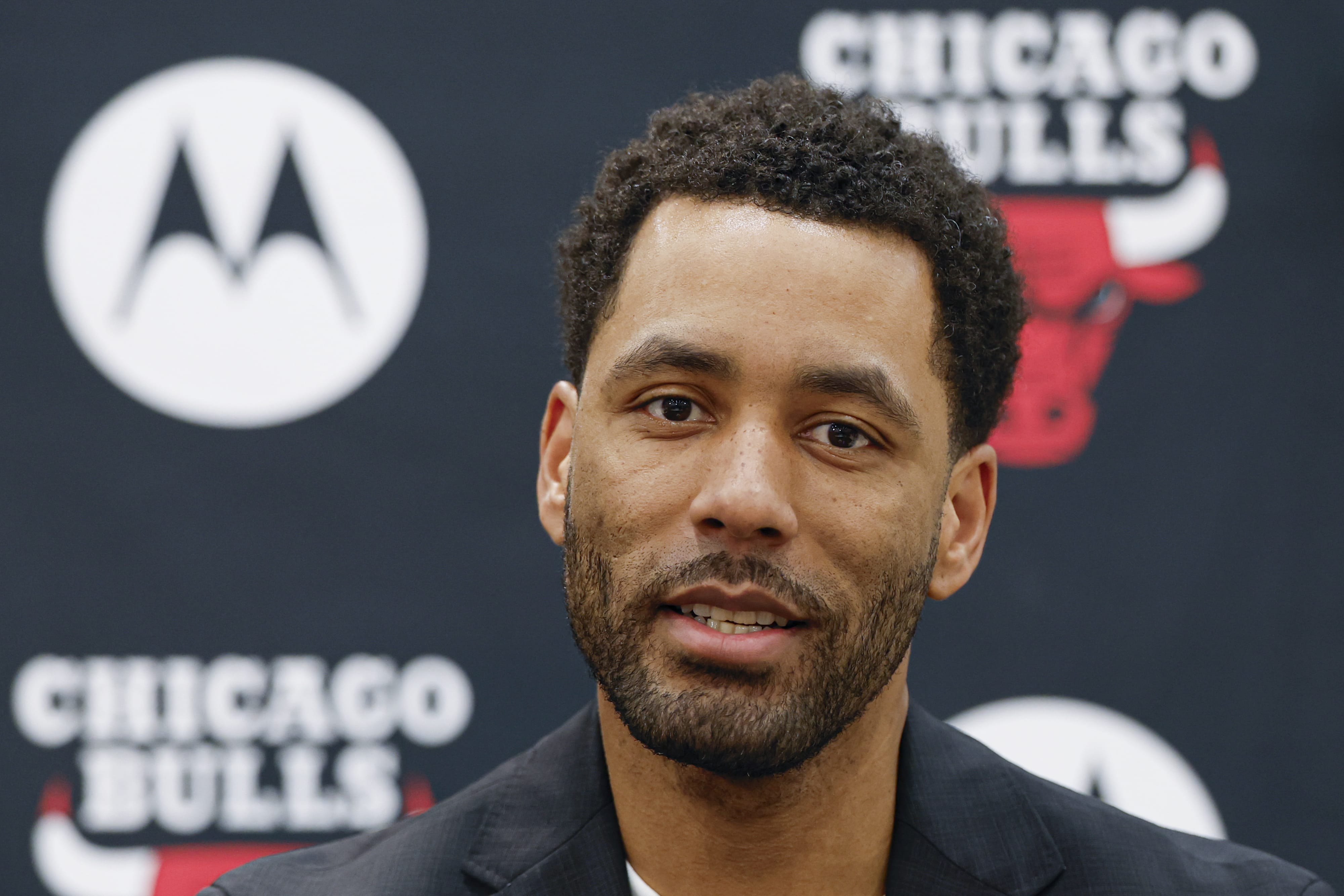 Jun 17, 2026; Chicago, Il, USA; Chicago Bulls Executive Vice President of Basketball Operations Bryson Graham introduces Chicago Bulls new head coach Tiago Splitter during a press conference at Advocate Center.