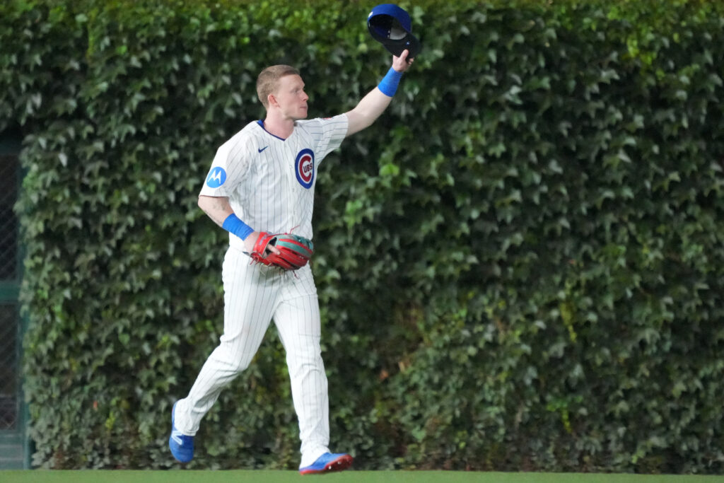 Jun 30, 2026; Chicago, Illinois, USA; Chicago Cubs center fielder Pete Crow-Armstrong (4) celebrates the Cubs win against the San Diego Padres at Wrigley Field.