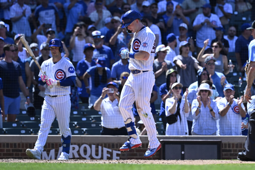 Jul 1, 2026; Chicago, Illinois, USA; Chicago Cubs center fielder Pete Crow-Armstrong (4) reacts after hitting a three run home run during the fifth inning against then San Diego Padres at Wrigley Field.