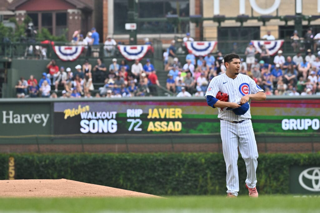 Jul 5, 2026; Chicago, Illinois, USA; Chicago Cubs pitcher Javier Assad (72) prepares to pitch prior to the first inning against the St. Louis Cardinals at Wrigley Field.