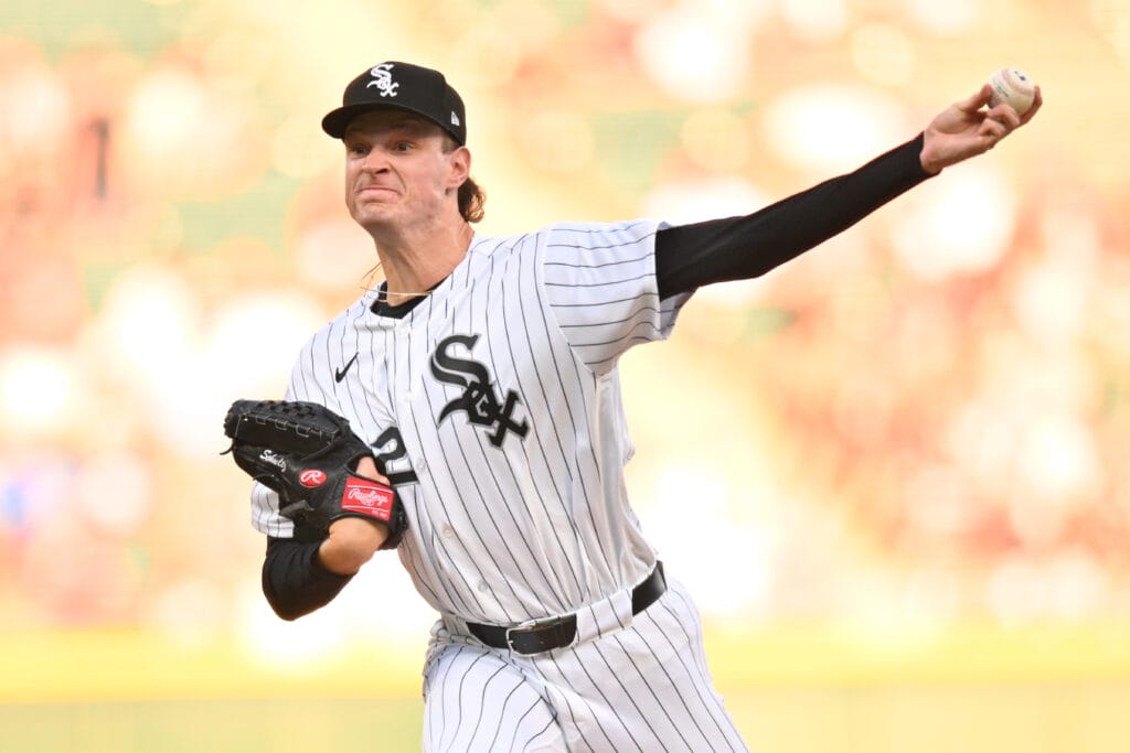 Jul 7, 2026; Chicago, Illinois, USA; Chicago White Sox pitcher Noah Schultz (22) pitches against the Boston Red Sox during the first inning at Rate Field.