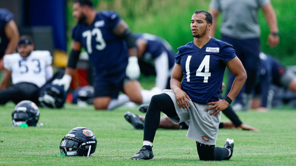 Jun 11, 2026; Lake Forest, IL, USA; Chicago Bears wide receiver Kalif Raymond (14) stretches during Minicamp at Halas Hall. Mandatory Credit: Kamil Krzaczynski-Imagn Images