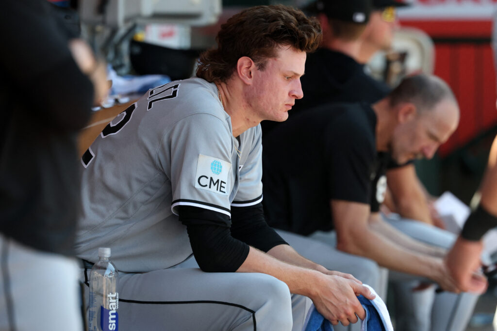 May 6, 2026; Anaheim, California, USA; Chicago White Sox pitcher Noah Schultz (22) reacts in the dugout after taking out from the game during the fourth inning against the Los Angeles Angels at Angel Stadium.