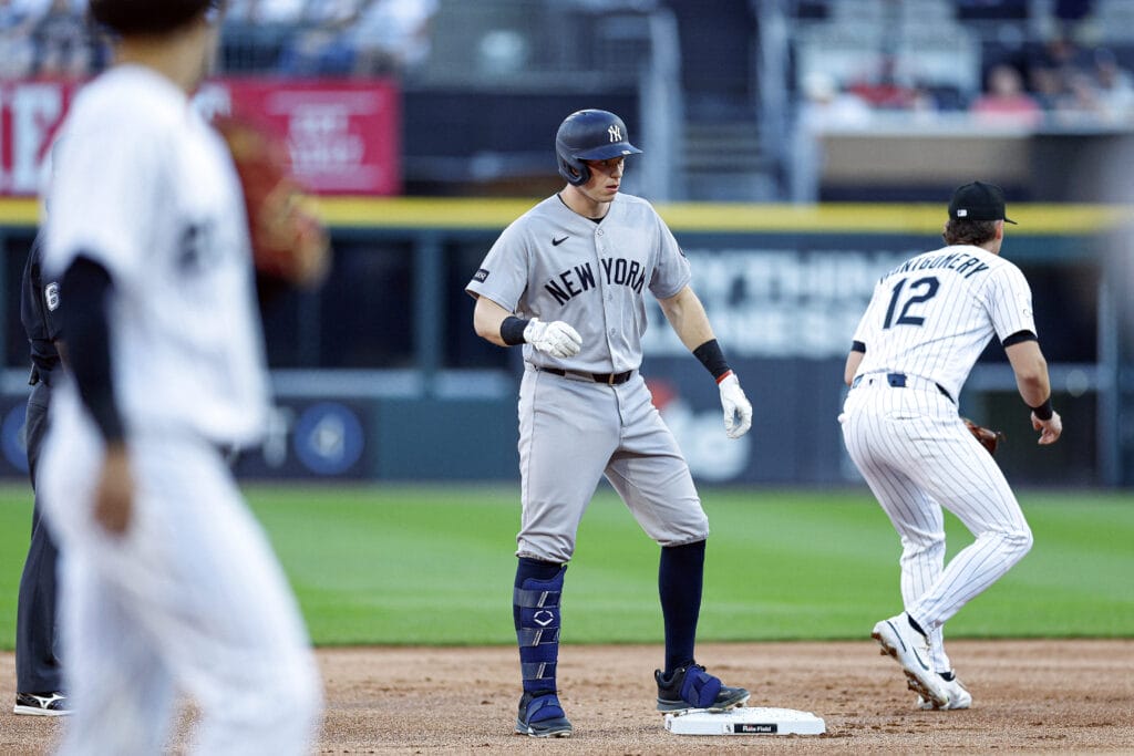 Jul 29, 2026; Chicago, Illinois, USA; New York Yankees designated hitter Ben Rice (22) reacts after hitting a double against the Chicago White Sox during the first inning at Rate Field.