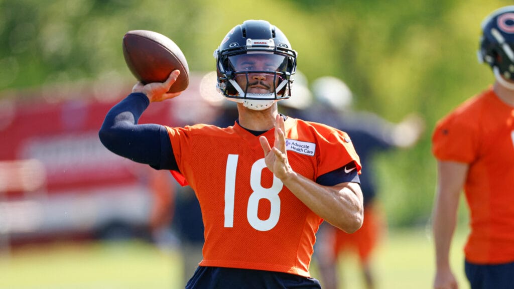 Jul 29, 2026; Lake Forest, IL, USA; Chicago Bears quarterback Caleb Williams (18) passes the ball during Training Camp at Halas Hall. Mandatory Credit: Kamil Krzaczynski-Imagn Images