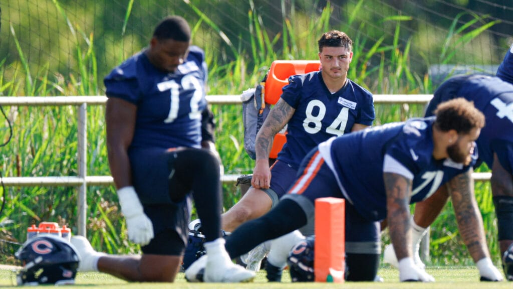 Bears' Kiran Amegadjie (72), Colston Loveland (84), Jedrick Wills Jr. (71) – Kamil Krzaczynski via Imagn Images