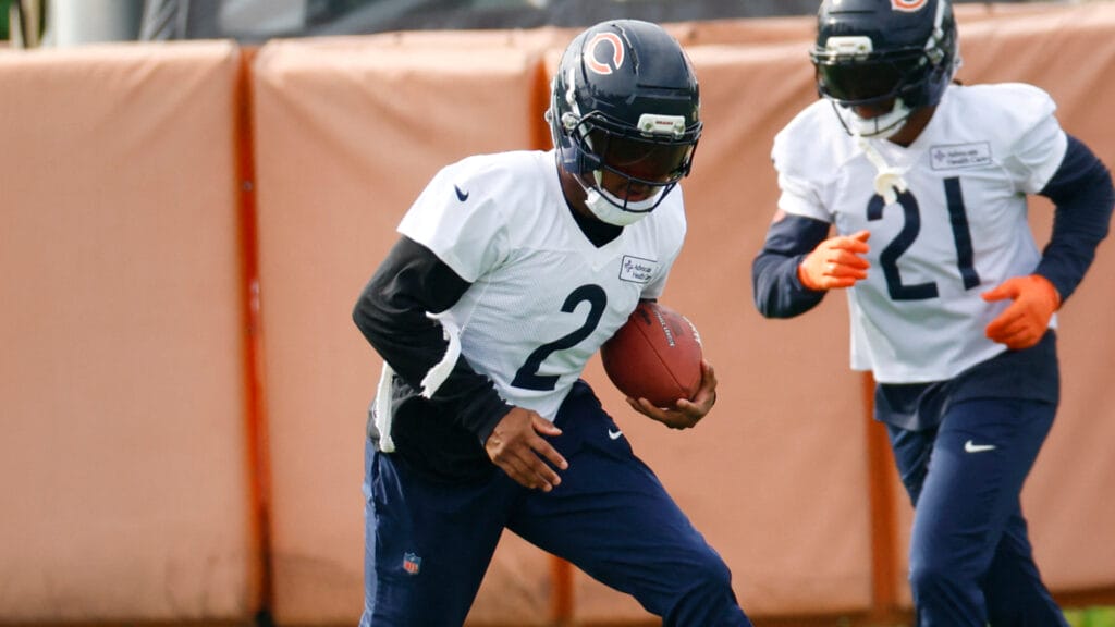 Jul 31, 2026; Lake Forest, IL, USA; Chicago Bears defensive back Coby Bryant (2) runs with the ball during Training Camp at Halas Hall. Mandatory Credit: Kamil Krzaczynski-Imagn Images