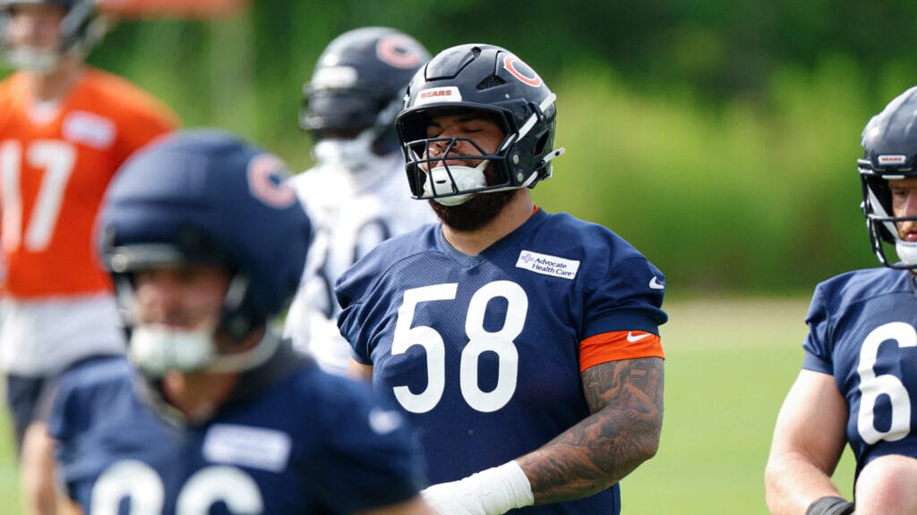 Jul 31, 2026; Lake Forest, IL, USA; Chicago Bears offensive tackle Darnell Wright (58) warms up during Training Camp at Halas Hall. Mandatory Credit: Kamil Krzaczynski-Imagn Images