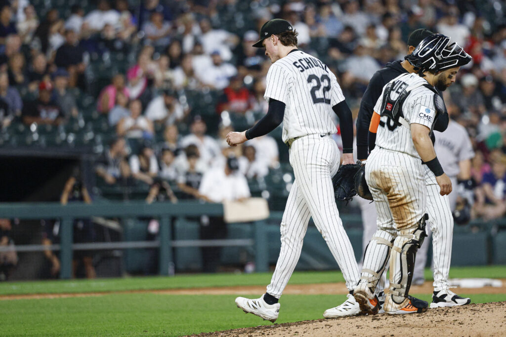 Jul 27, 2026; Chicago, Illinois, USA; Chicago White Sox starting pitcher Noah Schultz (22) leaves a baseball game against the New York Yankees during the fourth inning at Rate Field.