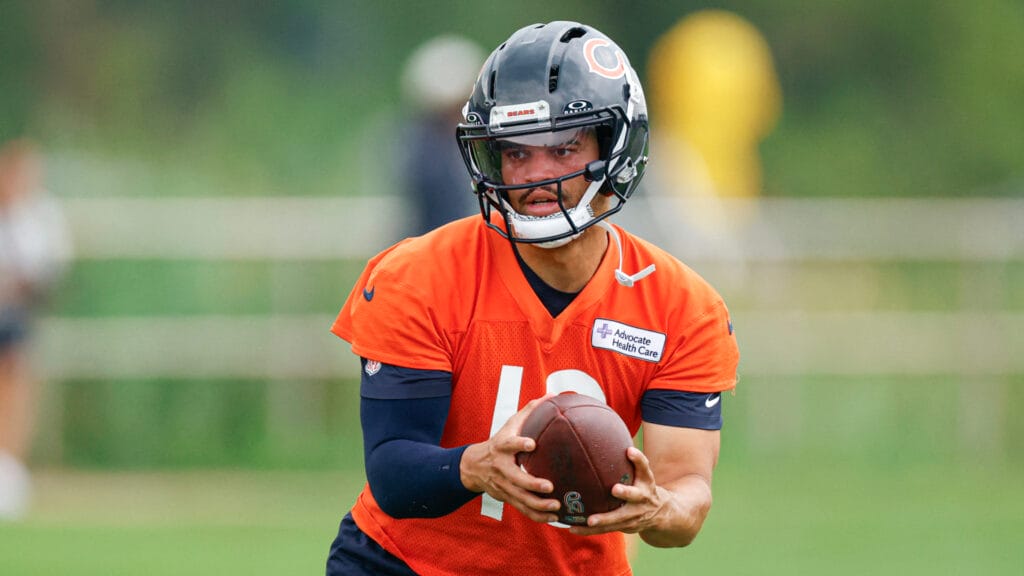 Aug 5, 2026; Lake Forest, IL, USA; Chicago Bears quarterback Caleb Williams (18) looks to pass the ball during training camp at Halas Hall. Mandatory Credit: Kamil Krzaczynski-Imagn Images