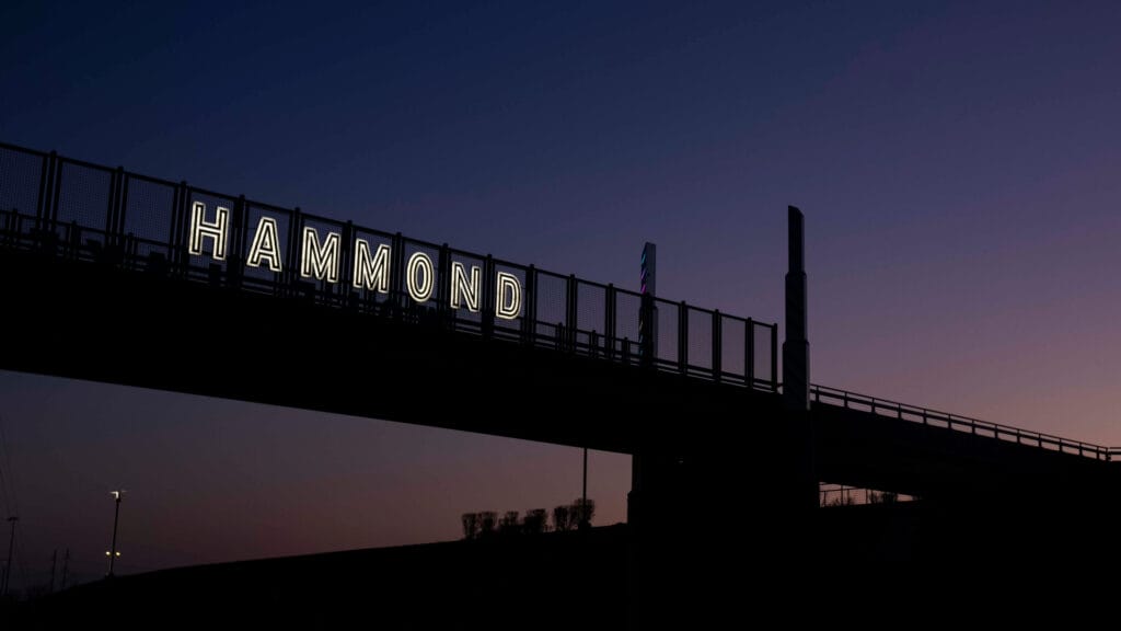 A bridge is seen out side of the purposed site for the new Bears stadium on Monday, March 9, 2026, in Hammond.