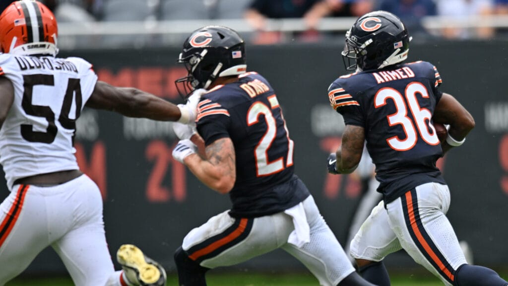 Chicago Bears running back Salvon Ahmed (36) runs the ball in for a touchdown against the Cleveland Browns during the second half at Soldier Field. Mandatory Credit: Patrick Gorski-Imagn Images