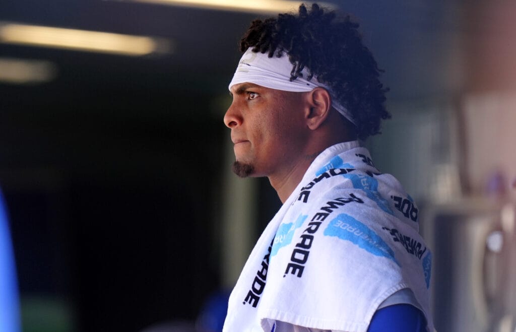 Jun 11, 2026; Denver, Colorado, USA; Chicago Cubs starting pitcher Edward Cabrera (30) in the dugout during the game against the Colorado Rockies at Coors Field.