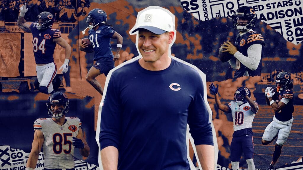 Chicago Bears skill players and coach Ben Johnson.