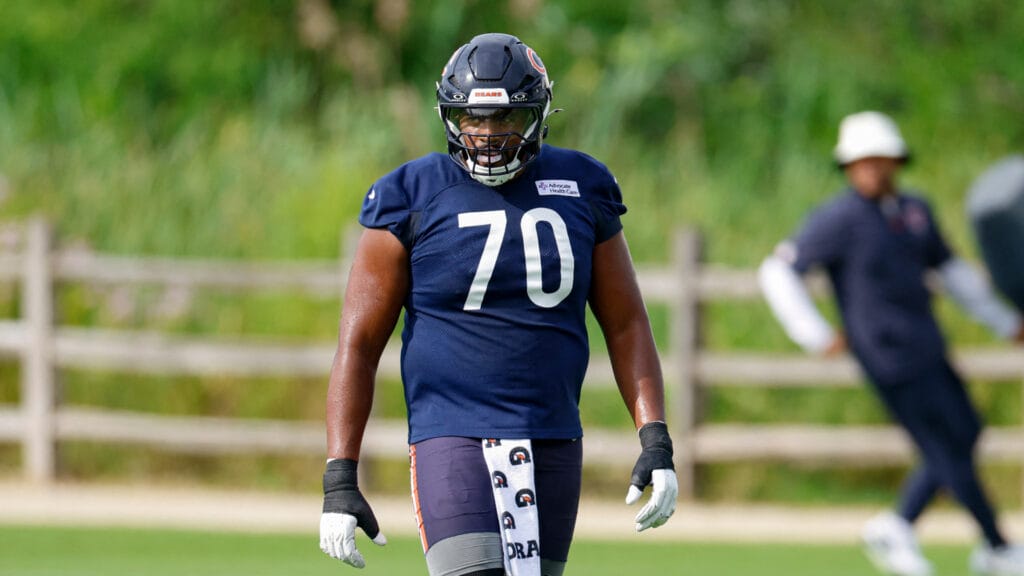 Chicago Bears offensive tackle Braxton Jones (70) walks on the field during Training Camp at Halas Hall. Mandatory Credit: Kamil Krzaczynski-Imagn Images