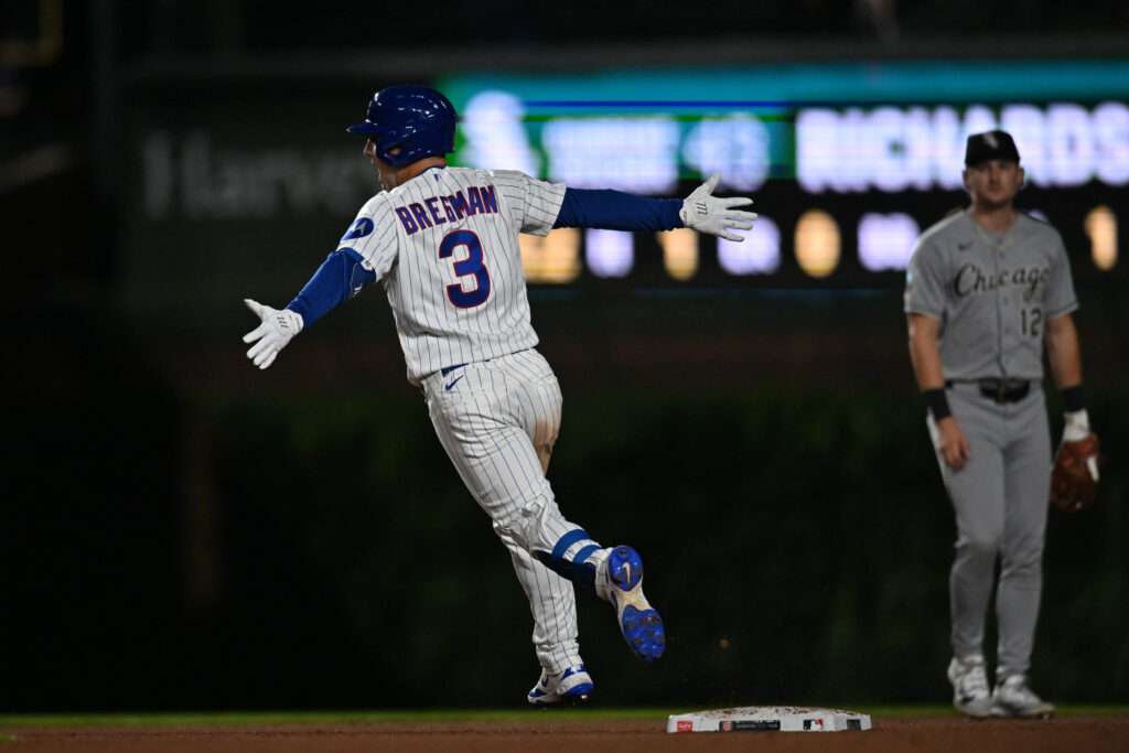 Aug 18, 2026; Chicago, Illinois, USA; Chicago Cubs third baseman Alex Bregman (3) reacts after hitting a walk-off RBI single against the Chicago White Sox during the ninth inning at Wrigley Field.