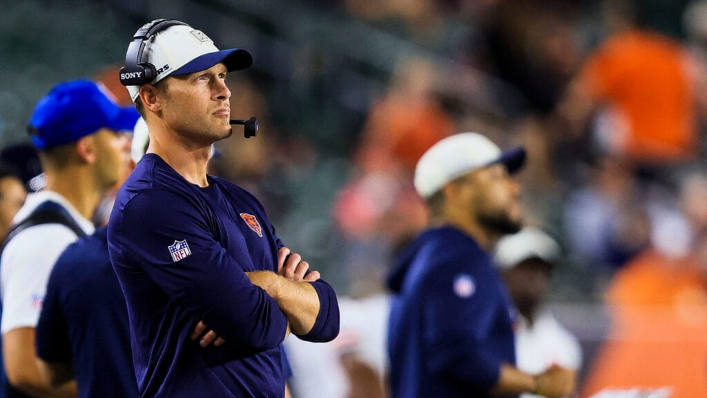 Aug 22, 2026; Cincinnati, Ohio, USA; Chicago Bears head coach Ben Johnson stands on the sidelines during the second half in the game against the Cincinnati Bengals at Paycor Stadium.