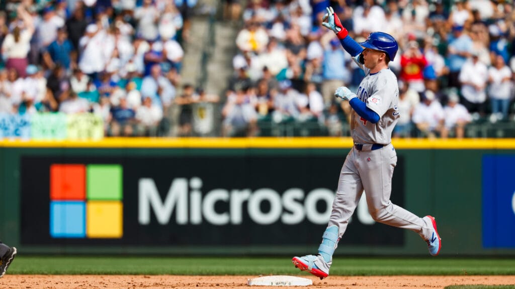 Aug 23, 2026; Seattle, Washington, USA; Chicago Cubs center fielder Pete Crow-Armstrong (4) runs the bases after hitting a two-run home run against the Seattle Mariners during the eighth inning at T-Mobile Park. Mandatory Credit: Joe Nicholson-Imagn Images