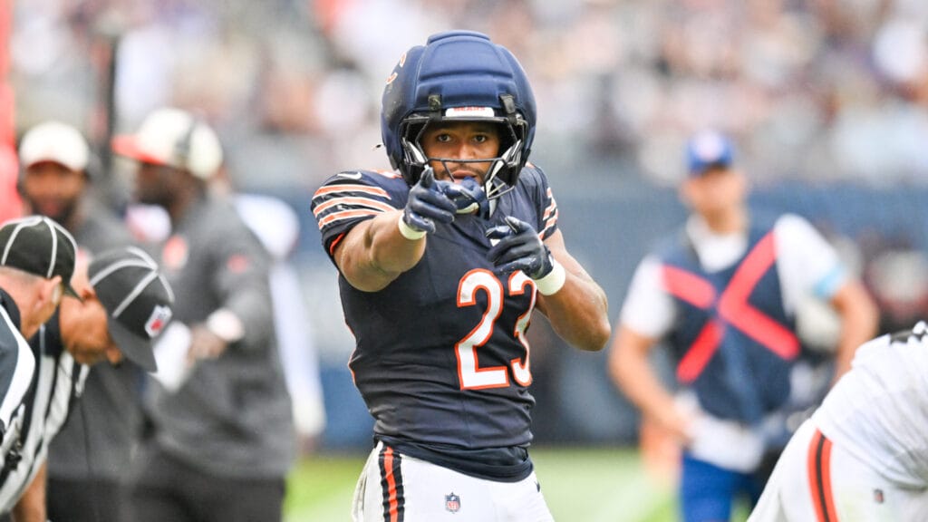 Aug 15, 2026; Chicago, Illinois, USA; Chicago Bears running back Roschon Johnson (23) reacts after gaining a first down against the Cleveland Browns during the first half at Soldier Field. Mandatory Credit: Patrick Gorski-Imagn Images