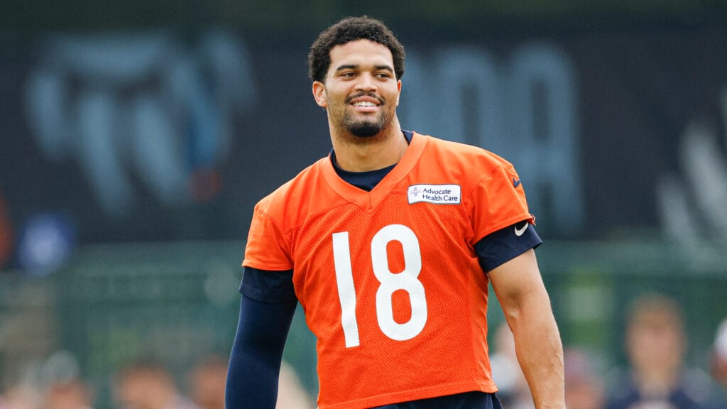 Aug 5, 2026; Lake Forest, IL, USA; Chicago Bears quarterback Caleb Williams (18) stands on the field during training camp at Halas Hall. Mandatory Credit: Kamil Krzaczynski-Imagn Images