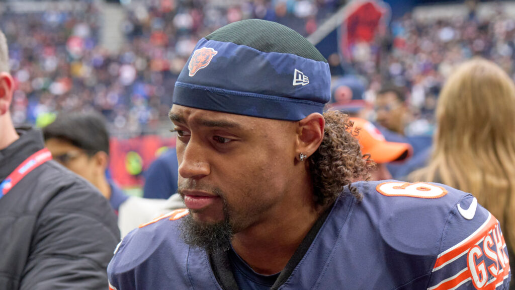 Oct 13, 2024; London, United Kingdom; Chicago Bears cornerback Kyler Gordon (6) leaves the field after an NFL International Series game at Tottenham Hotspur Stadium. Mandatory Credit: Peter van den Berg-Imagn Images