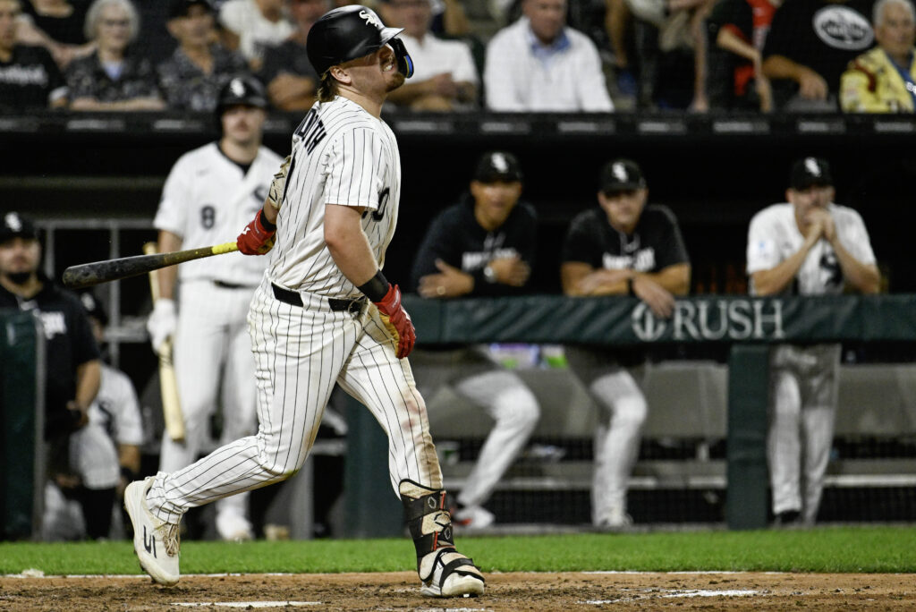 Sep 5, 2026; Chicago, Illinois, USA; Chicago White Sox second baseman Chase Meidroth (10) reacts after striking out swinging during the ninth inning at Rate Field.