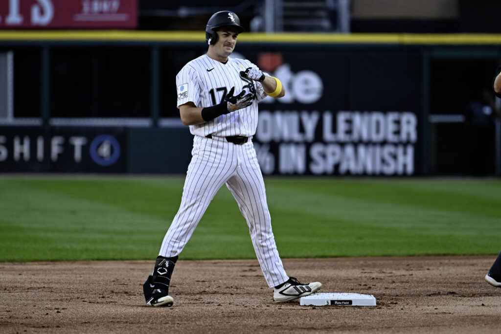 Sep 6, 2026; Chicago, Illinois, USA; Chicago White Sox left fielder Sam Antonacci (17) gestures after hitting a double during the first inning against the Minnesota Twins at Rate Field.