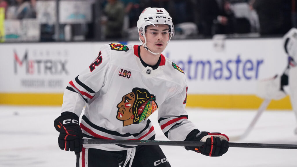 Chicago Blackhawks center Sacha Boisvert (12) warms up before the game against the San Jose Sharks at SAP Center at San Jose. Mandatory Credit: David Gonzales-Imagn Images