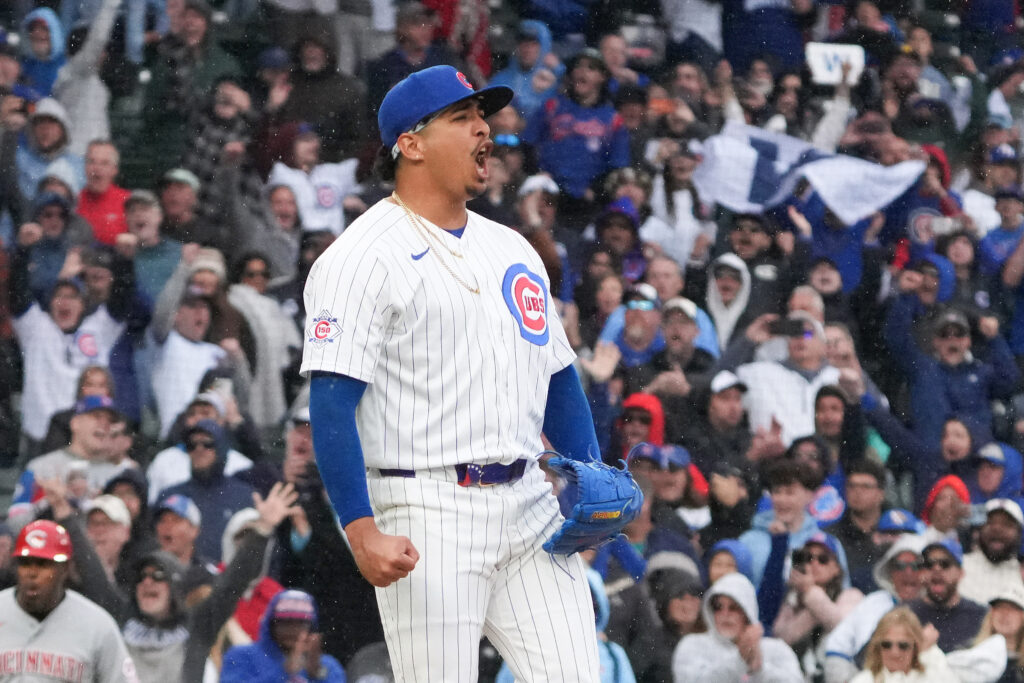 May 7, 2026; Chicago, Illinois, USA; Chicago Cubs pitcher Daniel Palencia reacts after getting the final out against the Cincinnati Reds during the ninth inning at Wrigley Field.