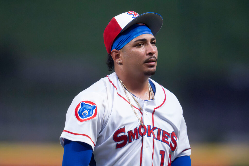 Daniel Palencia (18) leaves the mound after being relieved during a Minor League Baseball game against the Rocket City Trash Pandas on Aug. 11, 2026, in Knoxville, Tennessee.