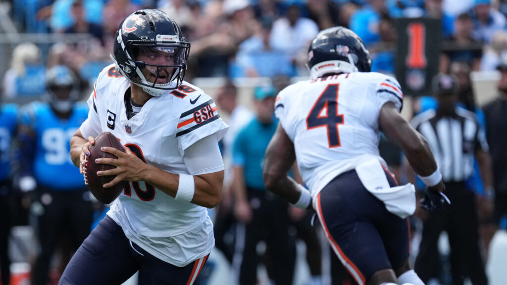 Sep 13, 2026; Charlotte, North Carolina, USA; Chicago Bears quarterback Caleb Williams (18) looks to throw in the first quarter against the Carolina Panthers at Bank of America Stadium. Mandatory Credit: Jim Dedmon-Imagn Images