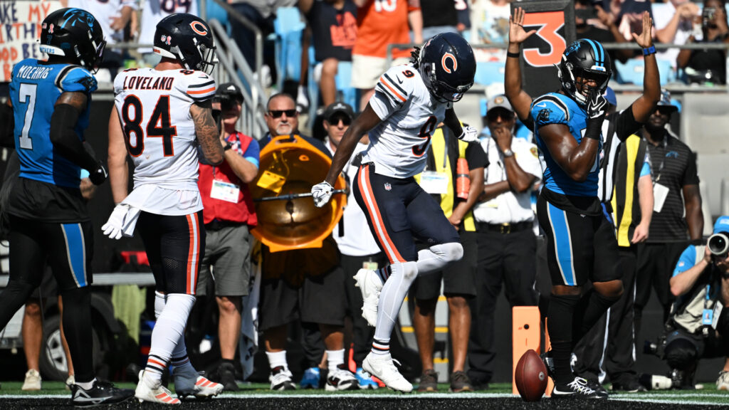 Sep 13, 2026; Charlotte, North Carolina, USA; Chicago Bears wide receiver Jahdae Walker (9) reacts after scoring a touchdown in the fourth quarter against the Carolina Panthers at Bank of America Stadium. Mandatory Credit: Bob Donnan-Imagn Images