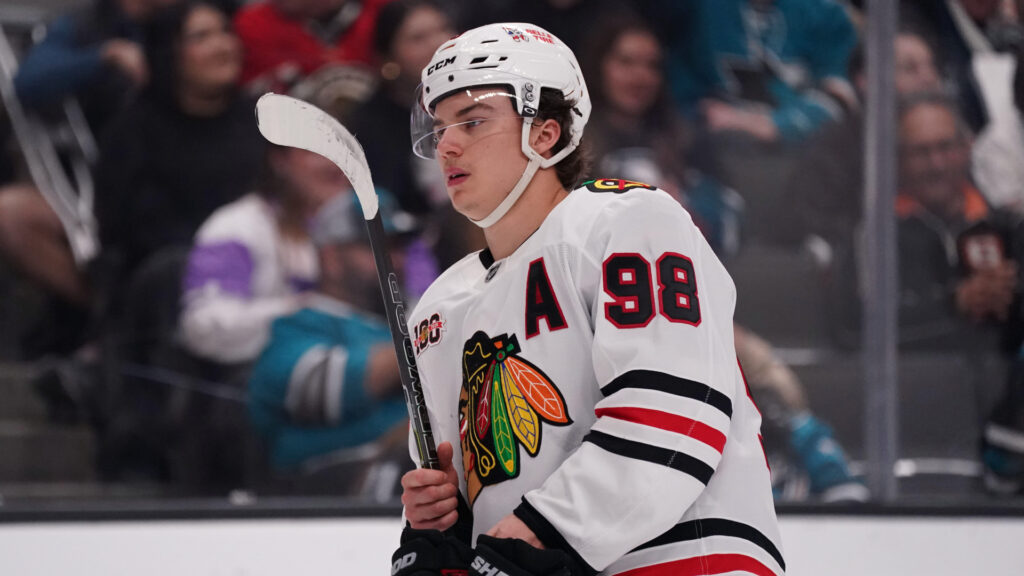 Apr 6, 2026; San Jose, California, USA; Chicago Blackhawks center Connor Bedard (98) waits for play to resume during a game against the San Jose Sharks in the second period at SAP Center at San Jose. Mandatory Credit: David Gonzales-Imagn Images