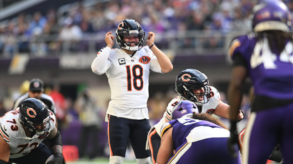 Nov 16, 2025; Minneapolis, Minnesota, USA; Chicago Bears quarterback Caleb Williams (18) calls a play during the second quarter against the Minnesota Vikings at U.S. Bank Stadium. Mandatory Credit: Jeffrey Becker-Imagn Images
